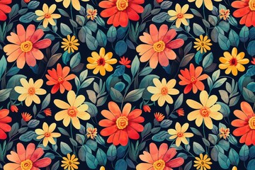 Poster - a floral pattern with orange flowers and green leaves, Seamless patterns for fabric, wallpaper, or other surfaces