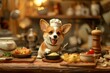 © anatolir - Cute corgi wearing a chef's hat sits at a table full of delicious food, ready to cook