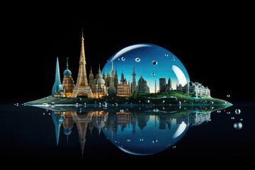 Poster - a city with a big bubble floating in the water, Various global landmarks reflecting on a water droplet representing World Water Day