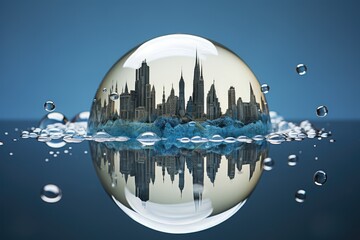 Poster - a city with a big bubble floating in the water, Various global landmarks reflecting on a water droplet representing World Water Day