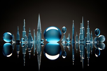 Poster - a city with a big bubble floating in the water, Various global landmarks reflecting on a water droplet representing World Water Day