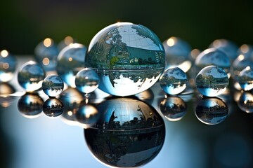 Poster - a city with a big bubble floating in the water, Various global landmarks reflecting on a water droplet representing World Water Day