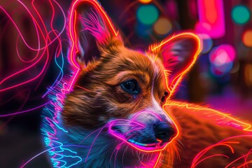 Poster - Digital art of a welsh corgi illuminated by neon lights against a blurred city background