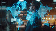 © SU CrossCutting Film - Attractive european businessman using abstract glowing map hologram on blurry office interior background. Digital world, transformation and future cyber space concept. Double exposure.