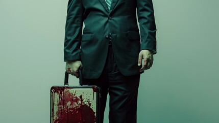Satirical Take on Corporate Violence - Businessman in Suit with Bloody Briefcase Illustrating Dark Humor in Artistic Form