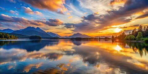 Poster - A beautiful sunset over a tranquil lake with mountains in the background, sunset, lake, mountains, scenic, tranquil