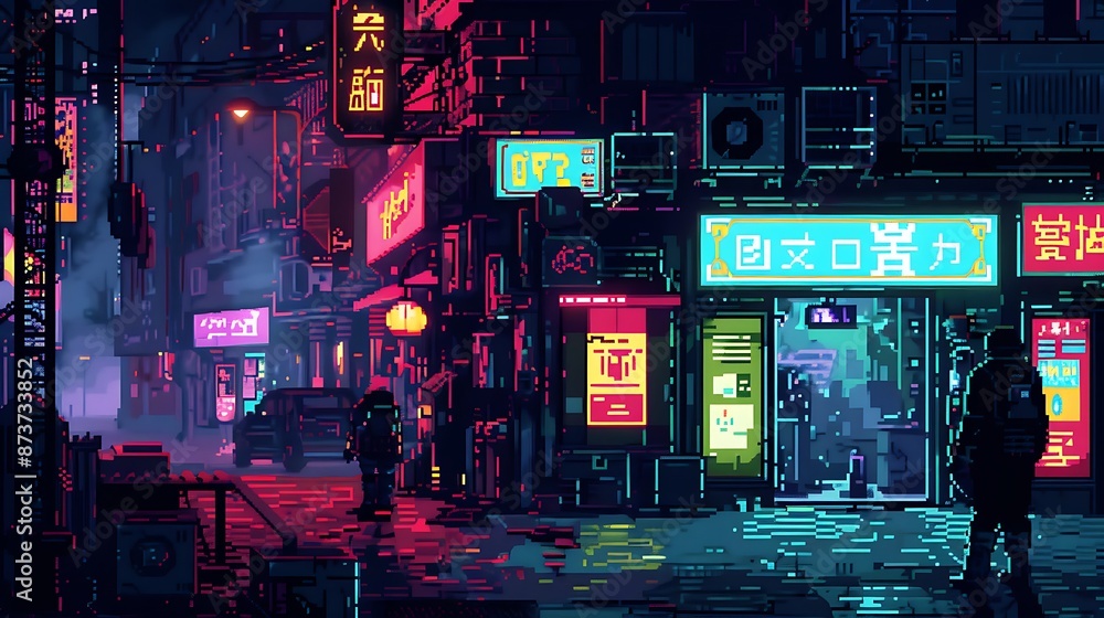 Pixel Art Cityscape Illuminates Night with Vibrant Neon Signs and Rainy ...