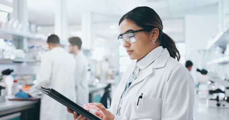 Poster - Laboratory, woman scientist and tablet for medical research, diagnosis and results with tech. Female biologist, connection and online info for reading, analysis and digital review for problem solving