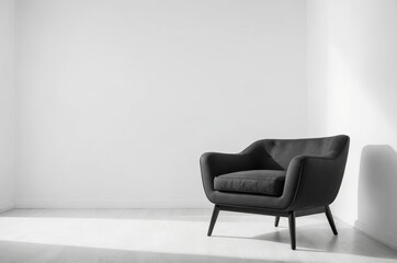 Poster - Single black armchair in minimalist white room with natural light streaming