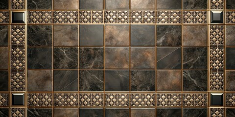 Poster - Luxurious Dark Tile Pattern with Metallic Accents , golden, geometry, luxurious, dark, tile, pattern, metallic, accents