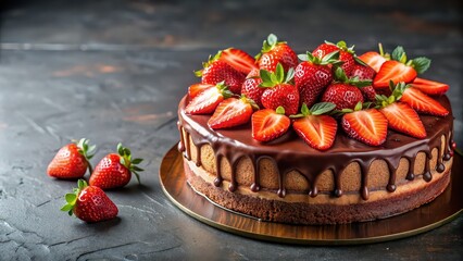 Poster - Delicious chocolate cake with fresh strawberries on top, chocolate, cake, dessert, strawberry, sweet, bakery, treat