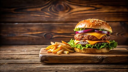 Canvas Print - Delicious burger and fries on a wooden table, food, meal, fast food, hamburger, french fries, unhealthy, snack