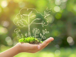 Close up of a child s hand drawing sustainability and ecology outlines with clear background showcasing environment and nature conservation concept