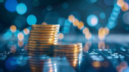 Stack of gold coins on a reflective surface with bokeh background, representing finance, investment, and wealth management concepts.