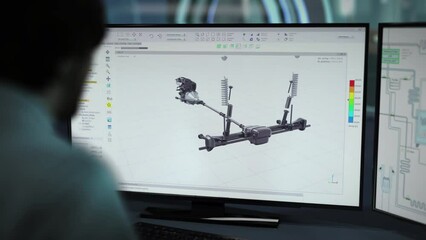 Engineer assembles the car hydraulics details in the program. Displaying the car hydraulics assembly process on the computer screen. Complex car hydraulics assembly in the 3D software.
