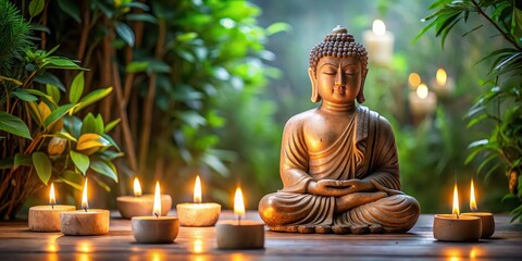 Poster - Buddha statue surrounded by flickering candles in a serene natural setting, Buddhism, peaceful, meditation, spirituality