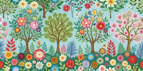 Wall Mural - Seamless beautiful decorative flowers tree pattern background, floral, tree, seamless, pattern, background, nature