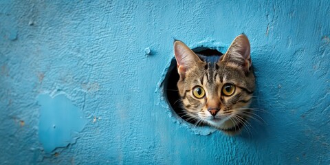 Sticker - Curious cat peeking out of hole in wall on blue background, Curious, emotional, cat, hole, wall, blue, background, peeking