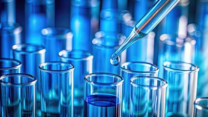 Poster - Macro shot of test tubes with blue liquid and pipette in laboratory for scientific analysis, test tube