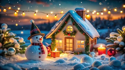 Poster - Christmas card featuring a cozy house decorated with lights and a cheerful snowman in the snow , holiday, winter