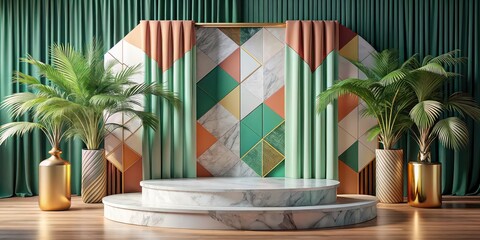 Canvas Print - Luxury tropical marble podium with colorful geometric shapes and elegant curtains , luxury, tropical, marble, podium