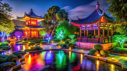 Sticker - Illuminated temple garden at night with colorful lights, night, temple, garden, lighting, illuminated, colorful, peaceful