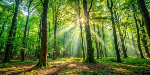 Canvas Print - A serene forest landscape with tall trees, lush foliage, and dappled sunlight filtering through the canopy, forest