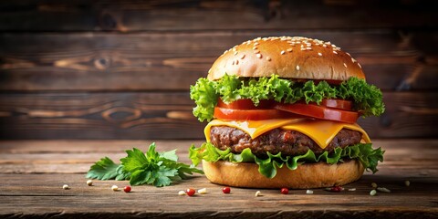 Canvas Print - Mouthwatering burger on a wooden table with beef patty, lettuce, tomato, cheese, and sesame seed bun