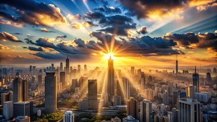 Wall Mural - Stunning cityscape at sunset with dramatic sun rays over a bustling metropolis, cityscape, sunset, dramatic, sun rays, clouds