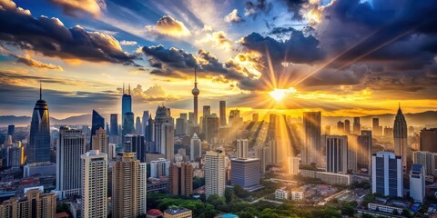 Canvas Print - Stunning cityscape at sunset with dramatic sun rays over a bustling metropolis, cityscape, sunset, dramatic, sun rays, clouds