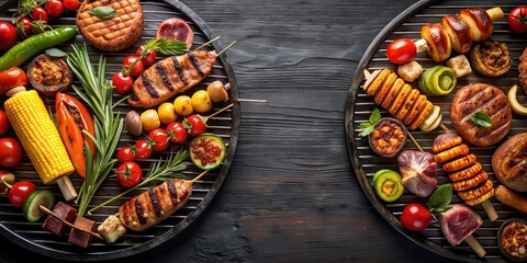 Wall Mural - Grill filled with assorted delicious food items , BBQ, cooking, grilling, summer, outdoors, meat, vegetables, skewers