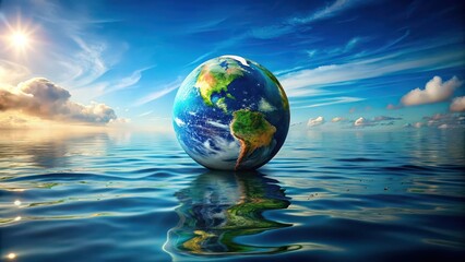 Sticker - Earth floating on the water surface, symbolizing environmental awareness, earth, floating, water, surface, globe