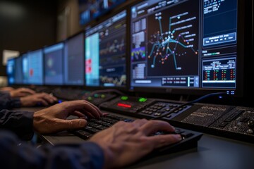 Wall Mural - Close-up view of a technicians hands typing on a keyboard in a Network Operations Center