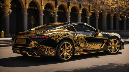 The image shows a black sports car with intricate gold designs covering the entire body and wheels. The car is parked in front of a building with arched doorways.

