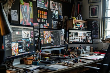 Wall Mural - An overhead shot of a busy graphic designers workspace, featuring multiple computer screens displaying design applications. The desk is cluttered with various tools and supplies