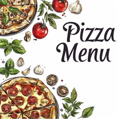 A pizza menu with a drawing of a pizza and vegetables