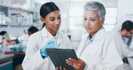 tablet, women and scientists in laboratory with research for pharmaceutical innovation experiment. i