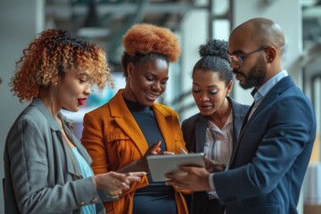 Wall Mural - Four diverse business professionals focus on a digital tablet in a modern office, engaged in strategic planning with teamwork