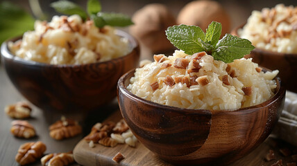 three wooden bowls filled with mashed potatoes and walnuts