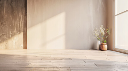 Empty property room in warm and neutral colors with a large window providing natural lighting and minimalist furniture. Real Estate conceptual composition with copy space.