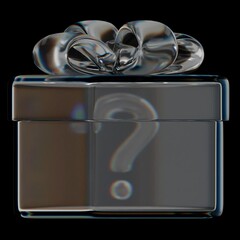 Loop 3d animation of Glassy gift box with question mark icon isolated on black background. The concept of holidays and gifts. Footage in 4k.