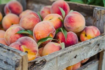 Sticker - Ripe peaches with vibrant colors in a wooden box, depicting a bountiful harvest