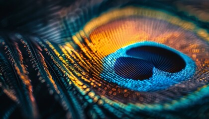 Wall Mural - Close-up of a peacock feather, focusing on the vivid iridescent colors and intricate pattern