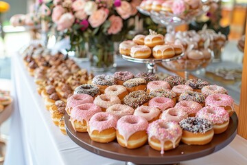 Canvas Print - Closeup of a colorful display of various frosted donuts on a dessert buffet