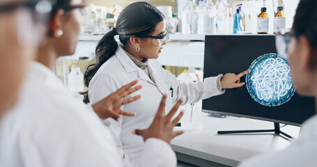 Wall Mural - Computer screen, science and virus with lab team at work together for breakthrough or discovery. Investigation, influenza and research for pharmaceutical development with scientist group at work