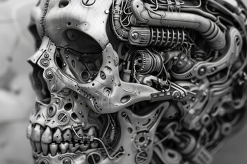 Poster - Intricate and detailed monochrome mechanical parts mosaic design with complex machinery and futuristic robotic components in black and white