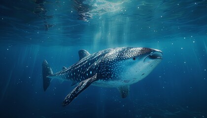 Wall Mural - Whale shark swimming in azure waters, majestic sea creature summer travel