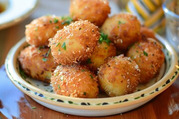 Sticker - Appetizing crispy cheese balls sprinkled with herbs served on a ceramic dish