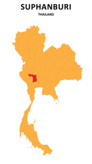 Poster - Suphanburi Map is highlighted on the Thailand map with detailed State and region outlines.