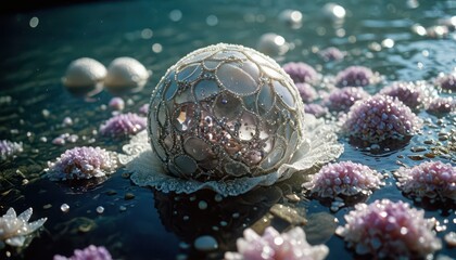 Poster - Delicate Crystal Ball on Water with Flower Petals.